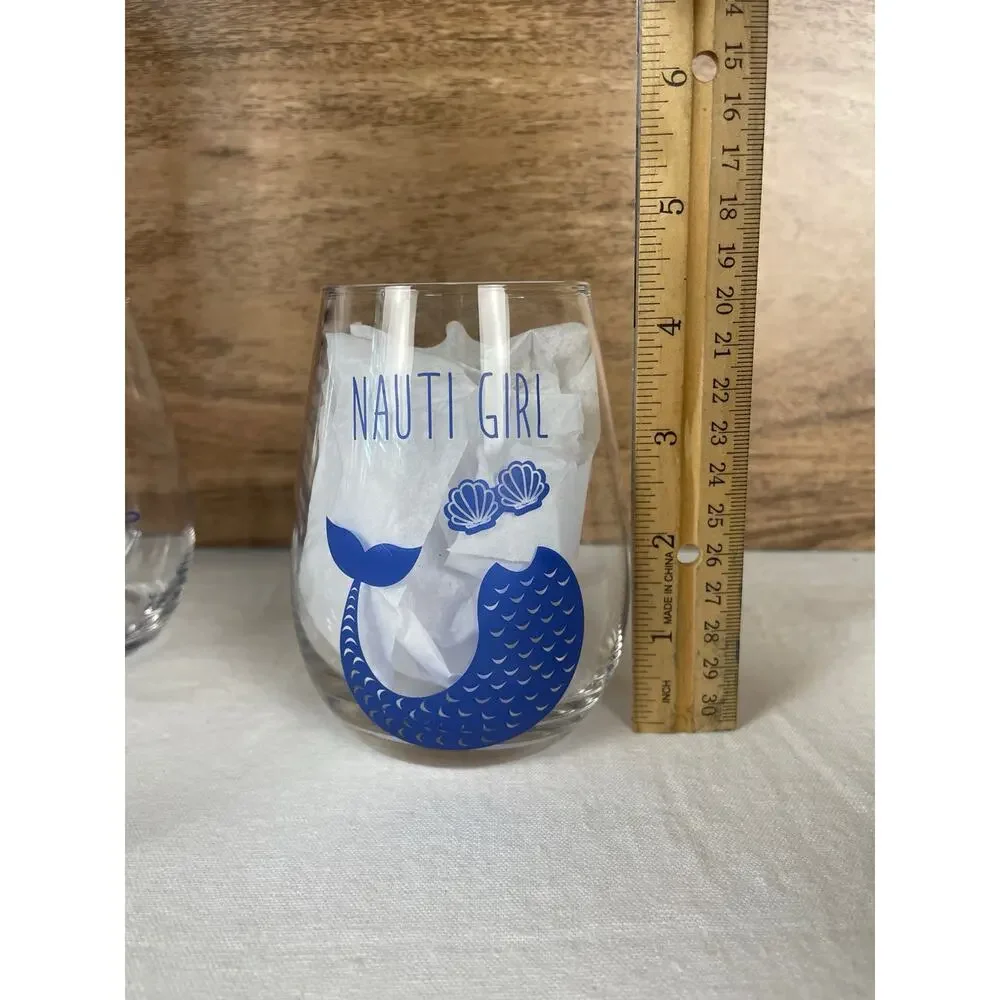 Two's Company Ship Wrecked Stemless Wine Glasses Set 4 Nauti Girl Bad Buoy New